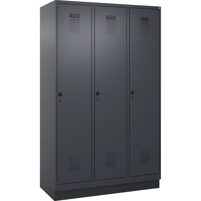 Evolo PLUS locker, 3 compartments, grey, W 1200 mm, with base plinth, rotary bolt.
