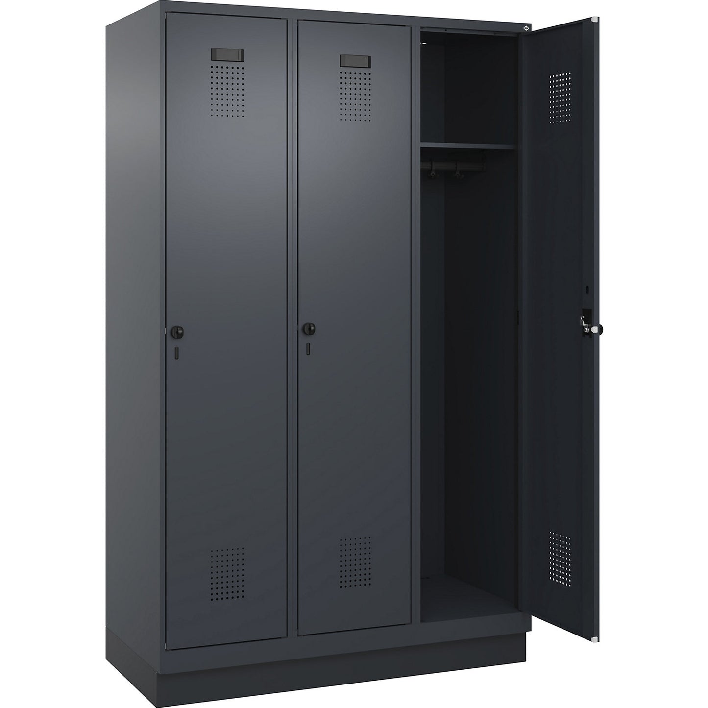 Evolo PLUS locker, 3 compartments, grey, W 1200 mm, with base plinth, rotary bolt.