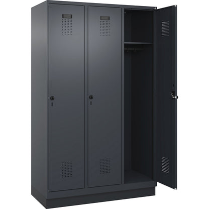 Evolo PLUS locker, 3 compartments, grey, W 1200 mm, with base plinth, rotary bolt.