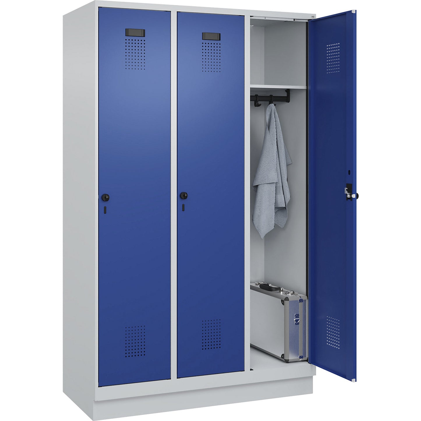 Evolo PLUS locker, 3 compartments, light grey / gentian blue, W 1200 mm, with base plinth, rotary bolt.