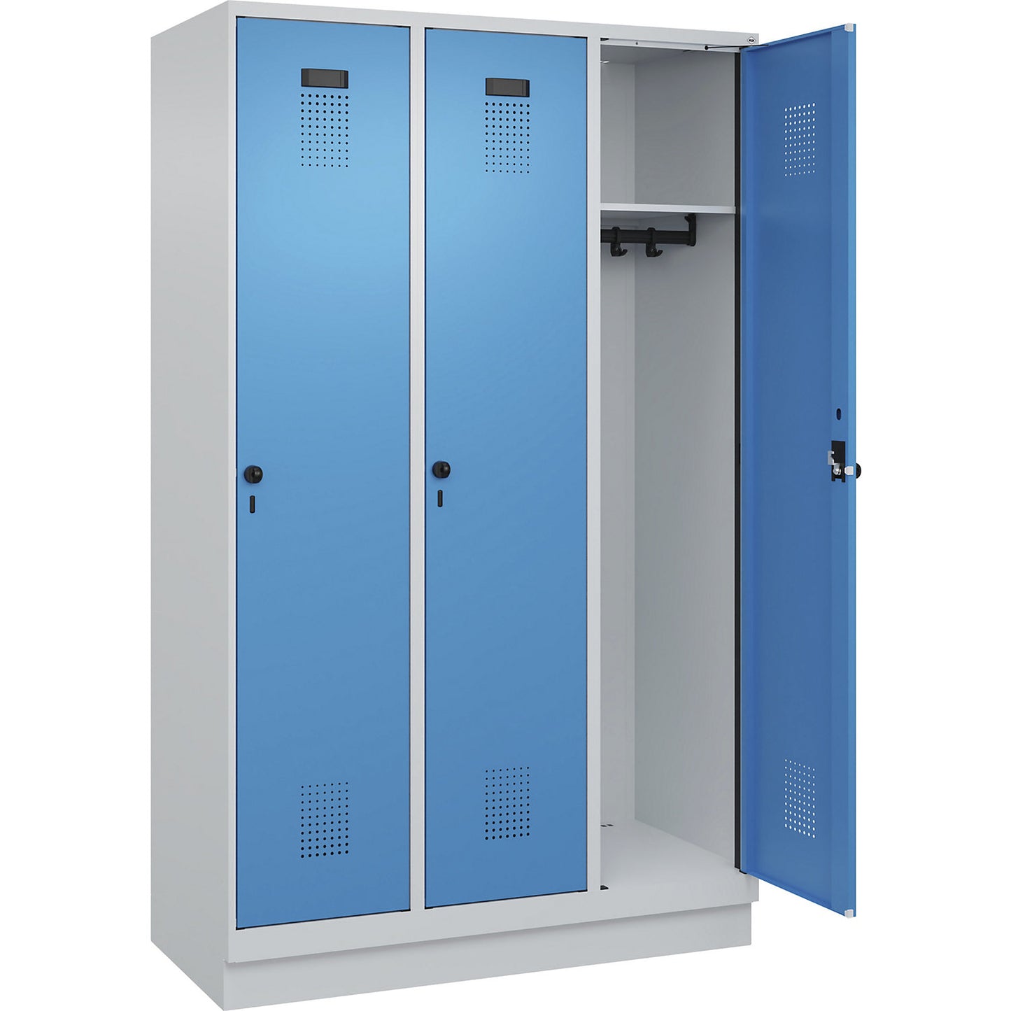 Evolo PLUS locker, 3 compartments, light grey / light blue, W 1200 mm, with base plinth, rotary bolt.