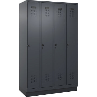 Evolo PLUS locker, 4 compartments, grey, W 1200 mm, with base plinth, rotary bolt.