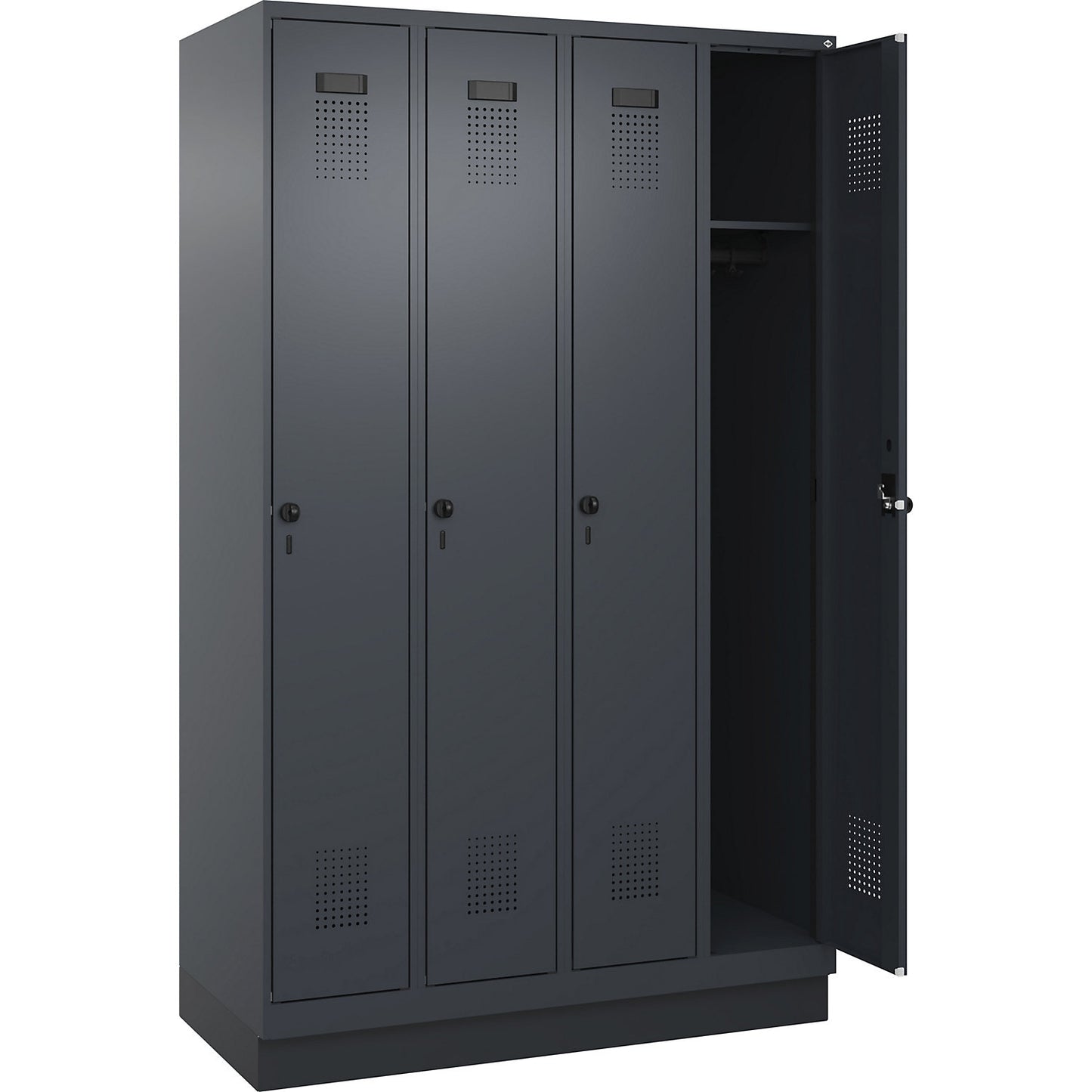 Evolo PLUS locker, 4 compartments, grey, W 1200 mm, with base plinth, rotary bolt.