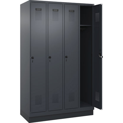 Evolo PLUS locker, 4 compartments, grey, W 1200 mm, with base plinth, rotary bolt.