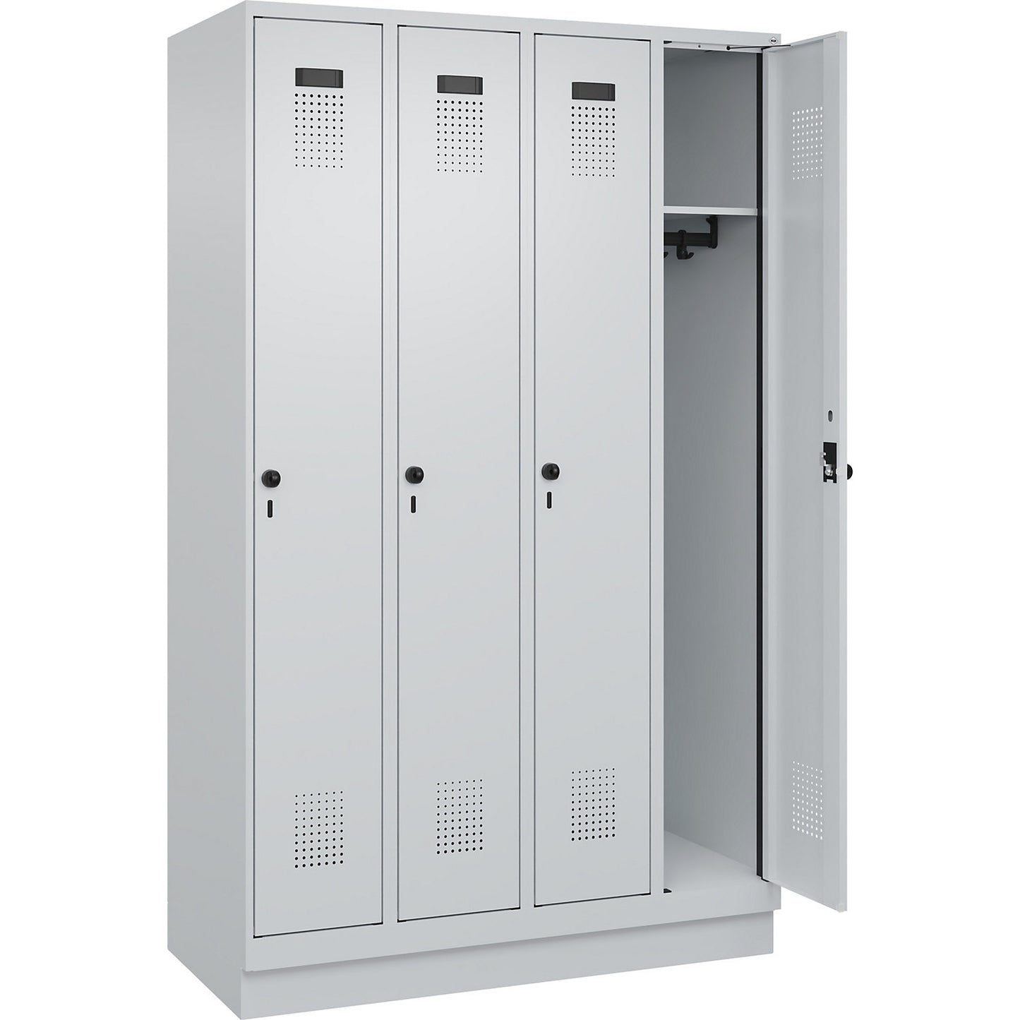 Evolo PLUS locker, 4 compartments, light grey, W 1200 mm, with base plinth, rotary bolt.