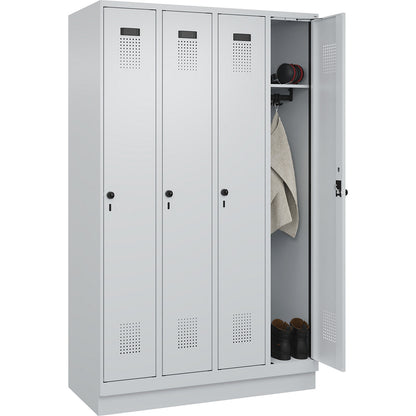 Evolo PLUS locker, 4 compartments, light grey, W 1200 mm, with base plinth, rotary bolt.