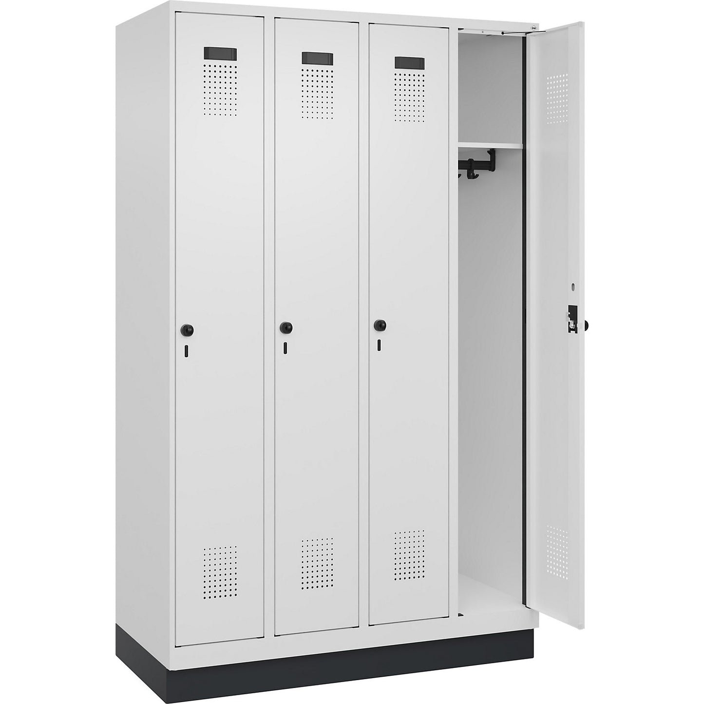 Evolo PLUS locker, 4 compartments, traffic white, W 1200 mm, with base plinth, rotary bolt.