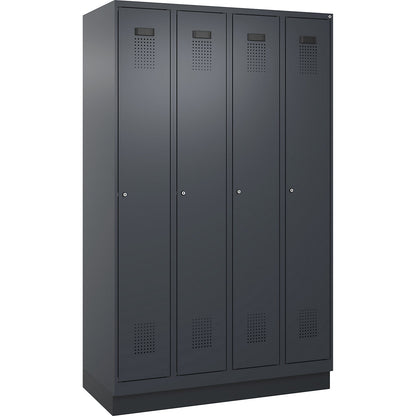 Evolo PLUS locker, 4 compartments, grey, W 1200 mm, with base plinth, cylinder lock.