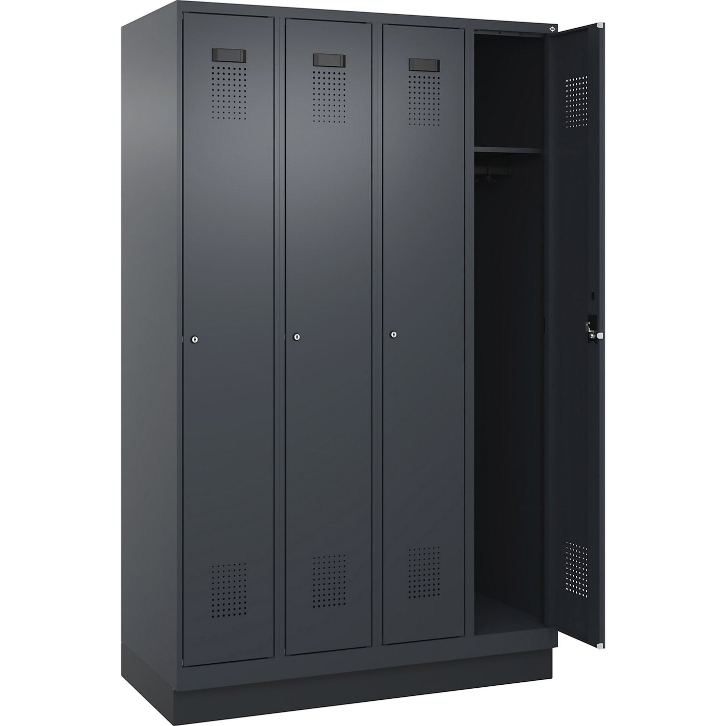 Evolo PLUS locker, 4 compartments, grey, W 1200 mm, with base plinth, cylinder lock.