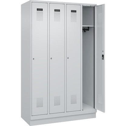 Evolo PLUS locker, 4 compartments, light grey, W 1200 mm, with base plinth, cylinder lock.