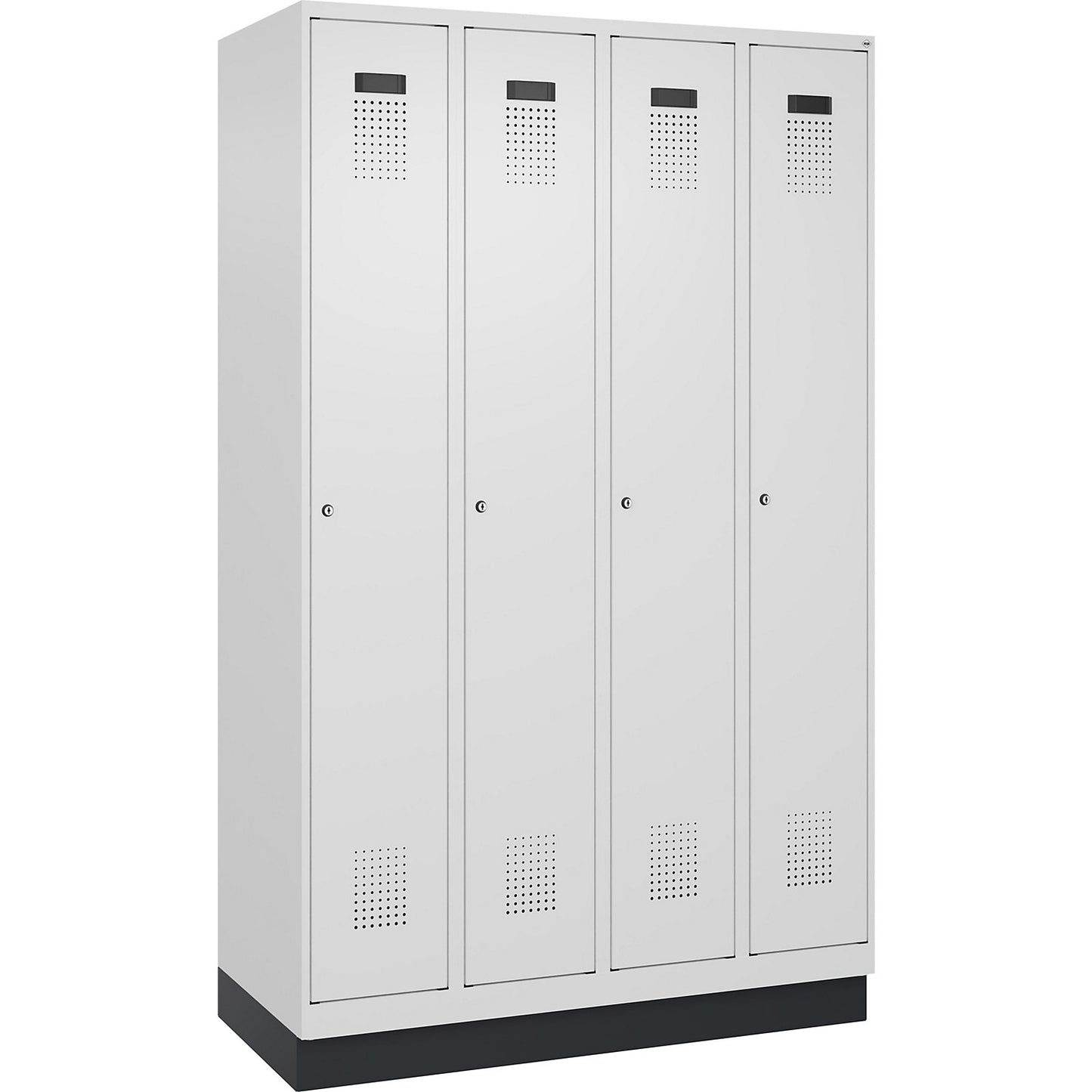 Evolo PLUS locker, 4 compartments, traffic white, W 1200 mm, with base plinth, cylinder lock.