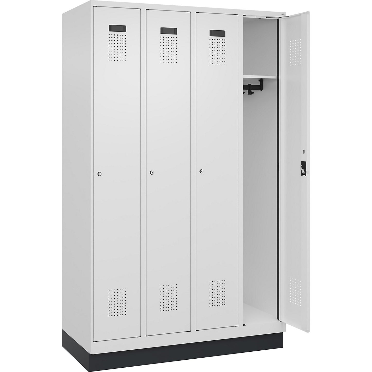 Evolo PLUS locker, 4 compartments, traffic white, W 1200 mm, with base plinth, cylinder lock.