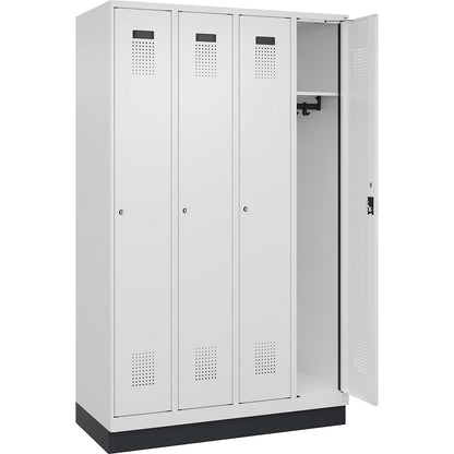 Evolo PLUS locker, 4 compartments, traffic white, W 1200 mm, with base plinth, cylinder lock.