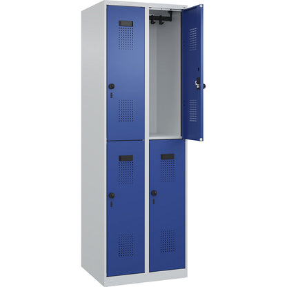 Evolo PLUS double deck clothes locker, 2 compartments, light grey / gentian blue, W 600 mm, with floor glides, rotary bolt.
