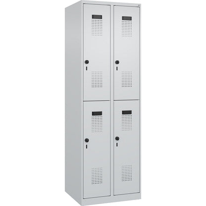 Evolo PLUS double deck clothes locker, 2 compartments, light grey, W 600 mm, with floor glides, rotary bolt.