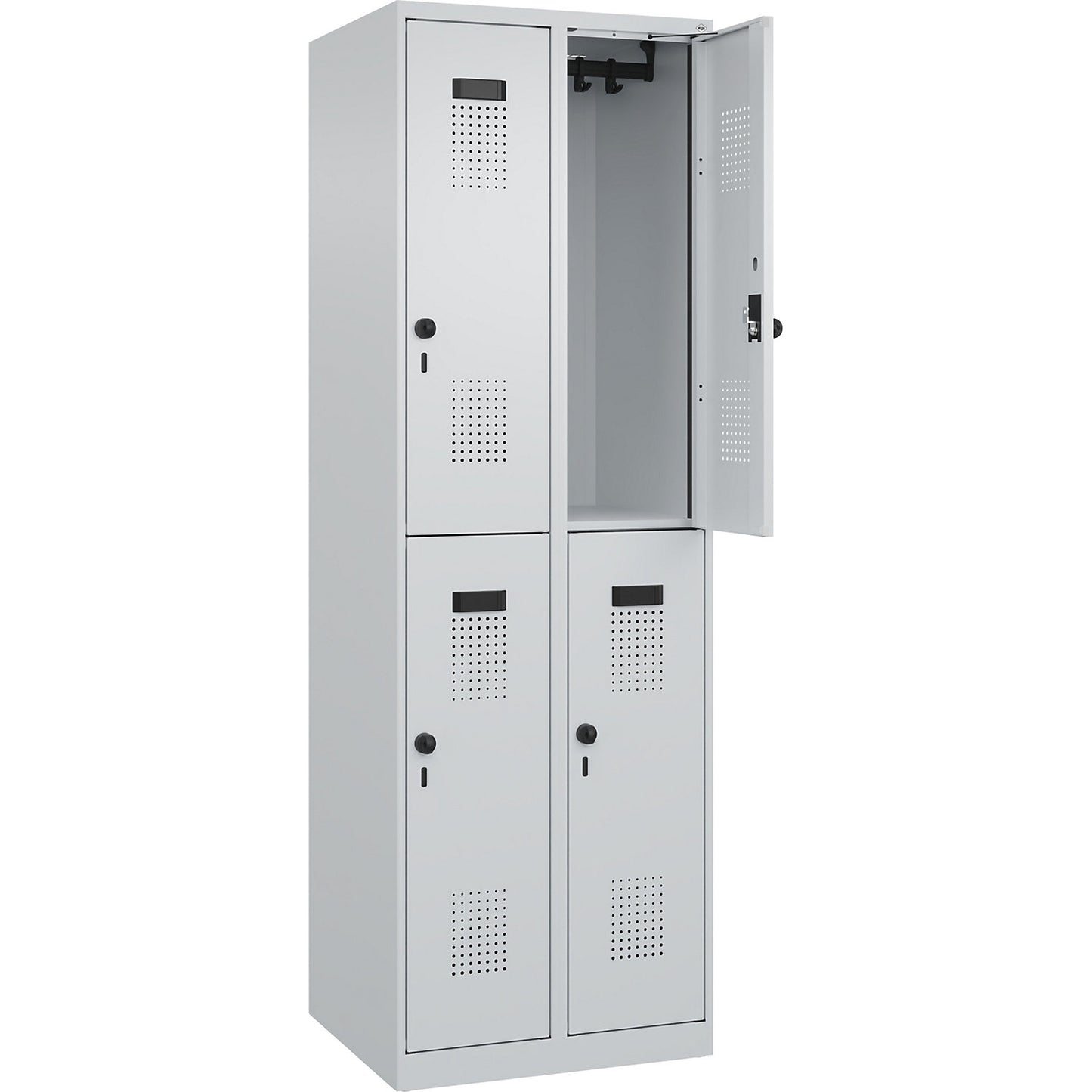 Evolo PLUS double deck clothes locker, 2 compartments, light grey, W 600 mm, with floor glides, rotary bolt.
