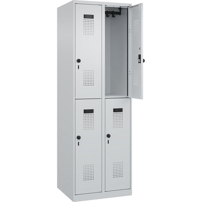 Evolo PLUS double deck clothes locker, 2 compartments, light grey, W 600 mm, with floor glides, rotary bolt.