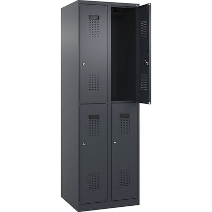 Evolo PLUS double deck clothes locker, 2 compartments, grey, W 600 mm, with floor glides, cylinder lock.