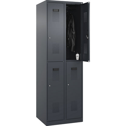 Evolo PLUS double deck clothes locker, 2 compartments, grey, W 600 mm, with floor glides, cylinder lock.