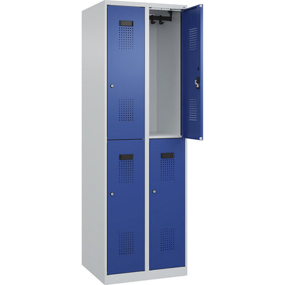 Evolo PLUS double deck clothes locker, 2 compartments, light grey / gentian blue, W 600 mm, with floor glides, cylinder lock.