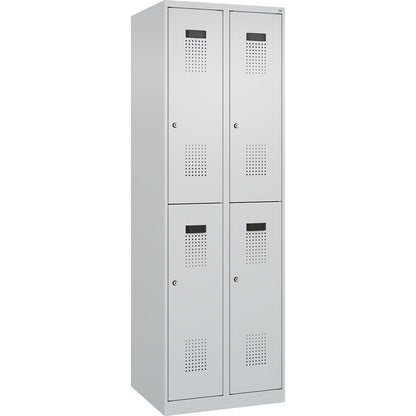 Evolo PLUS double deck clothes locker, 2 compartments, light grey, W 600 mm, with floor glides, cylinder lock.