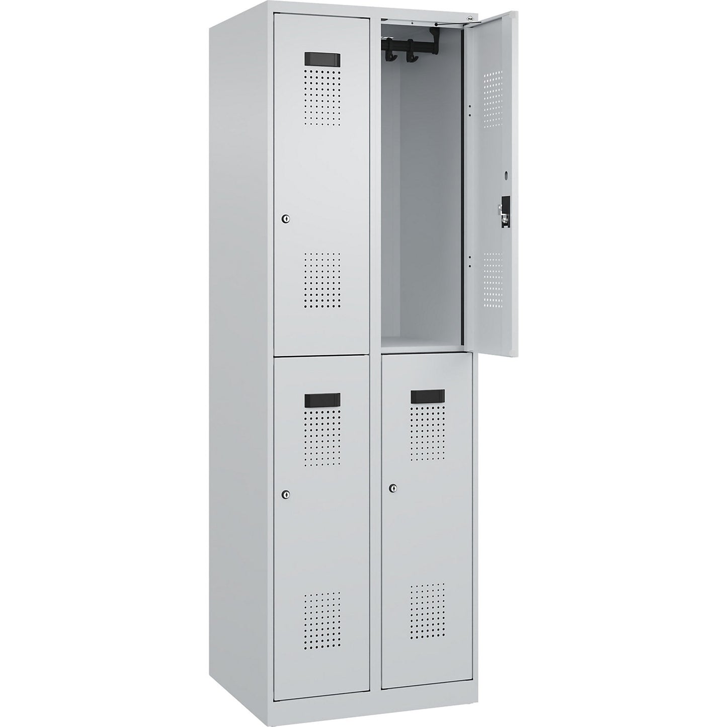 Evolo PLUS double deck clothes locker, 2 compartments, light grey, W 600 mm, with floor glides, cylinder lock.