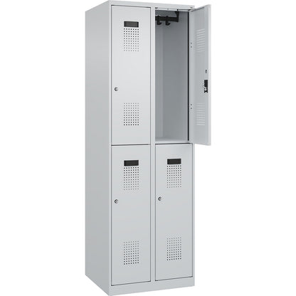 Evolo PLUS double deck clothes locker, 2 compartments, light grey, W 600 mm, with floor glides, cylinder lock.
