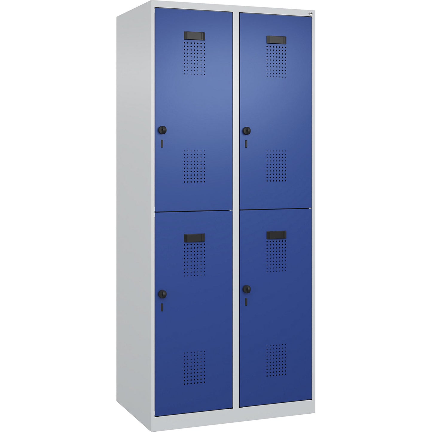 Evolo PLUS double deck clothes locker, 2 compartments, light grey / gentian blue, W 800 mm, with floor glides, rotary bolt.