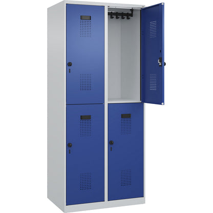 Evolo PLUS double deck clothes locker, 2 compartments, light grey / gentian blue, W 800 mm, with floor glides, rotary bolt.