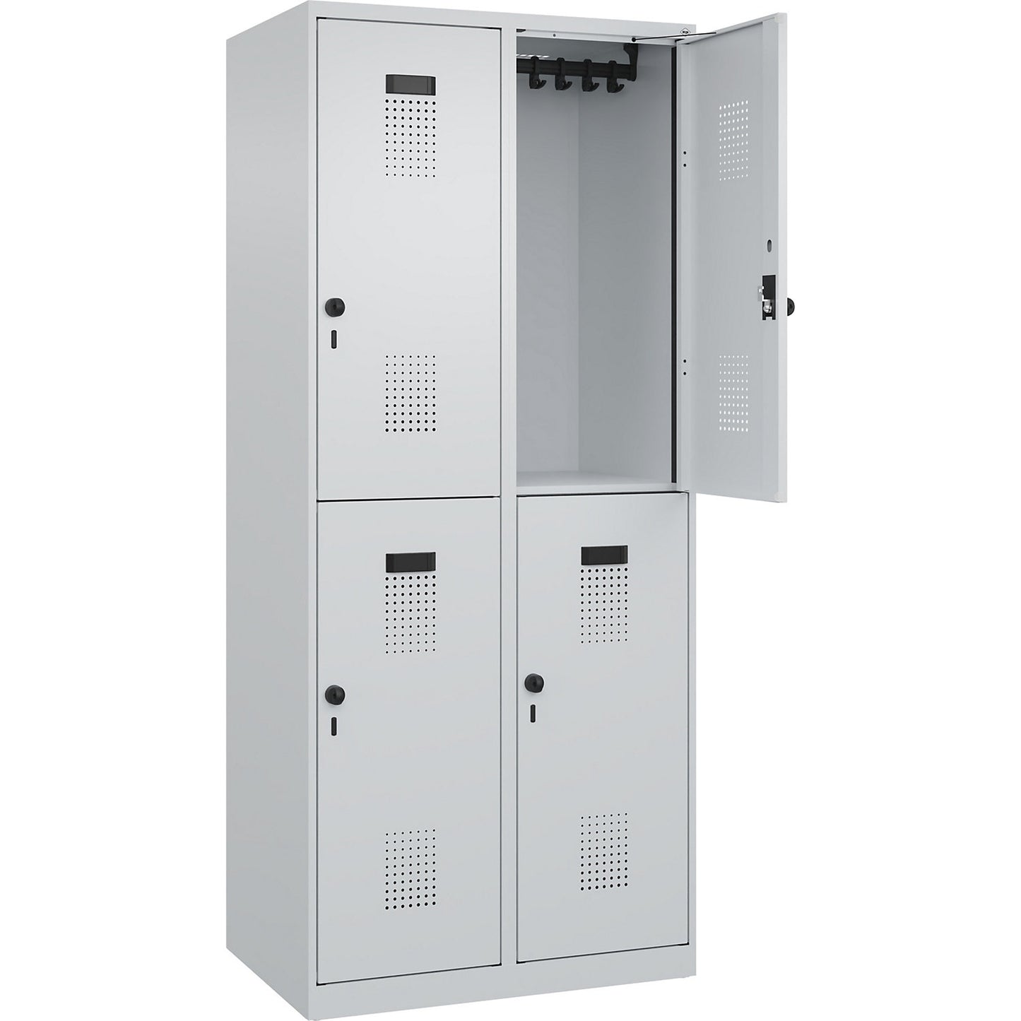 Evolo PLUS double deck clothes locker, 2 compartments, light grey, W 800 mm, with floor glides, rotary bolt.