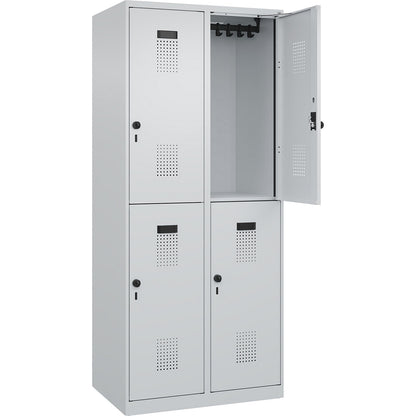Evolo PLUS double deck clothes locker, 2 compartments, light grey, W 800 mm, with floor glides, rotary bolt.
