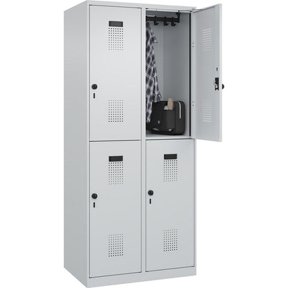 Evolo PLUS double deck clothes locker, 2 compartments, light grey, W 800 mm, with floor glides, rotary bolt.