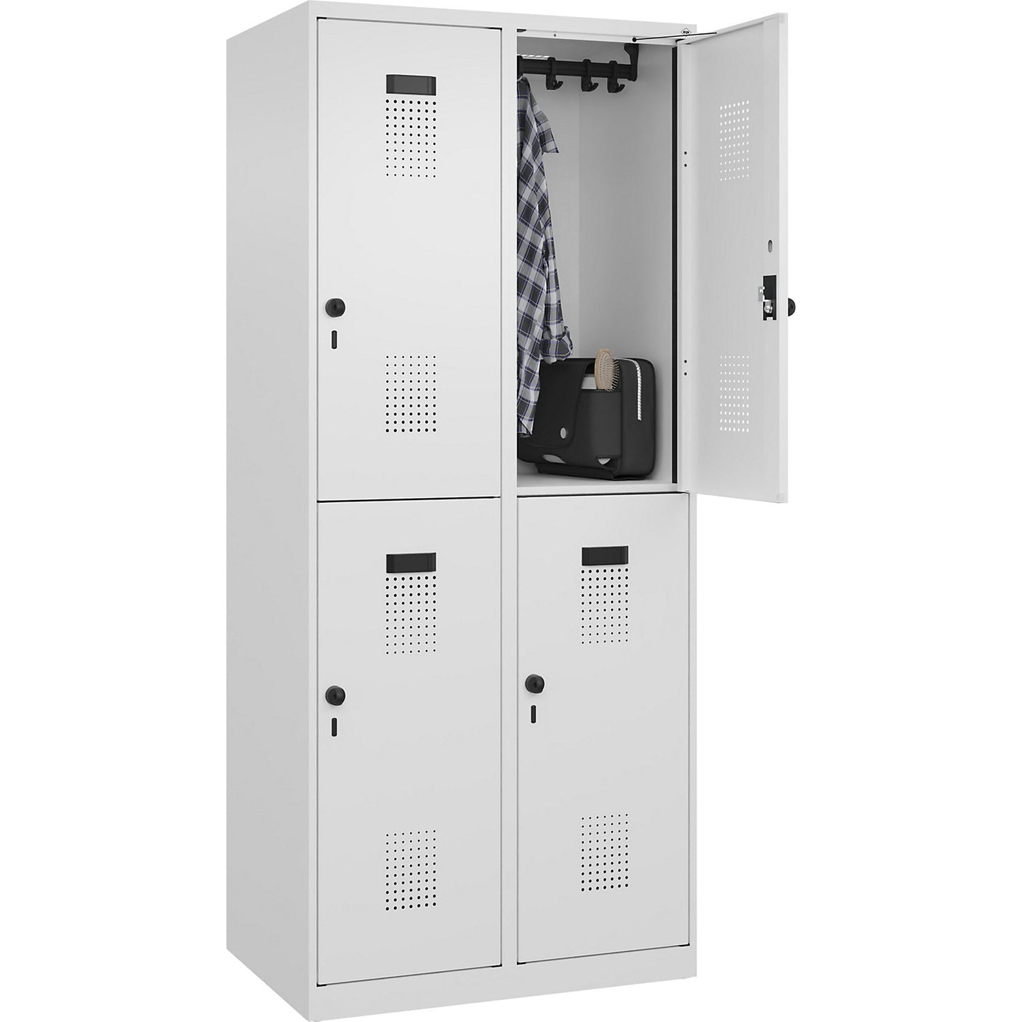 Evolo PLUS double deck clothes locker, 2 compartments, traffic white, W 800 mm, with floor glides, rotary bolt.