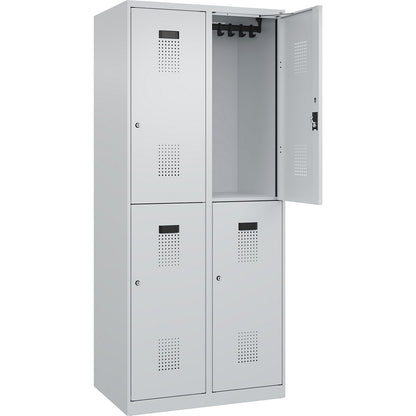 Evolo PLUS double deck clothes locker, 2 compartments, light grey, W 800 mm, with floor glides, cylinder lock.
