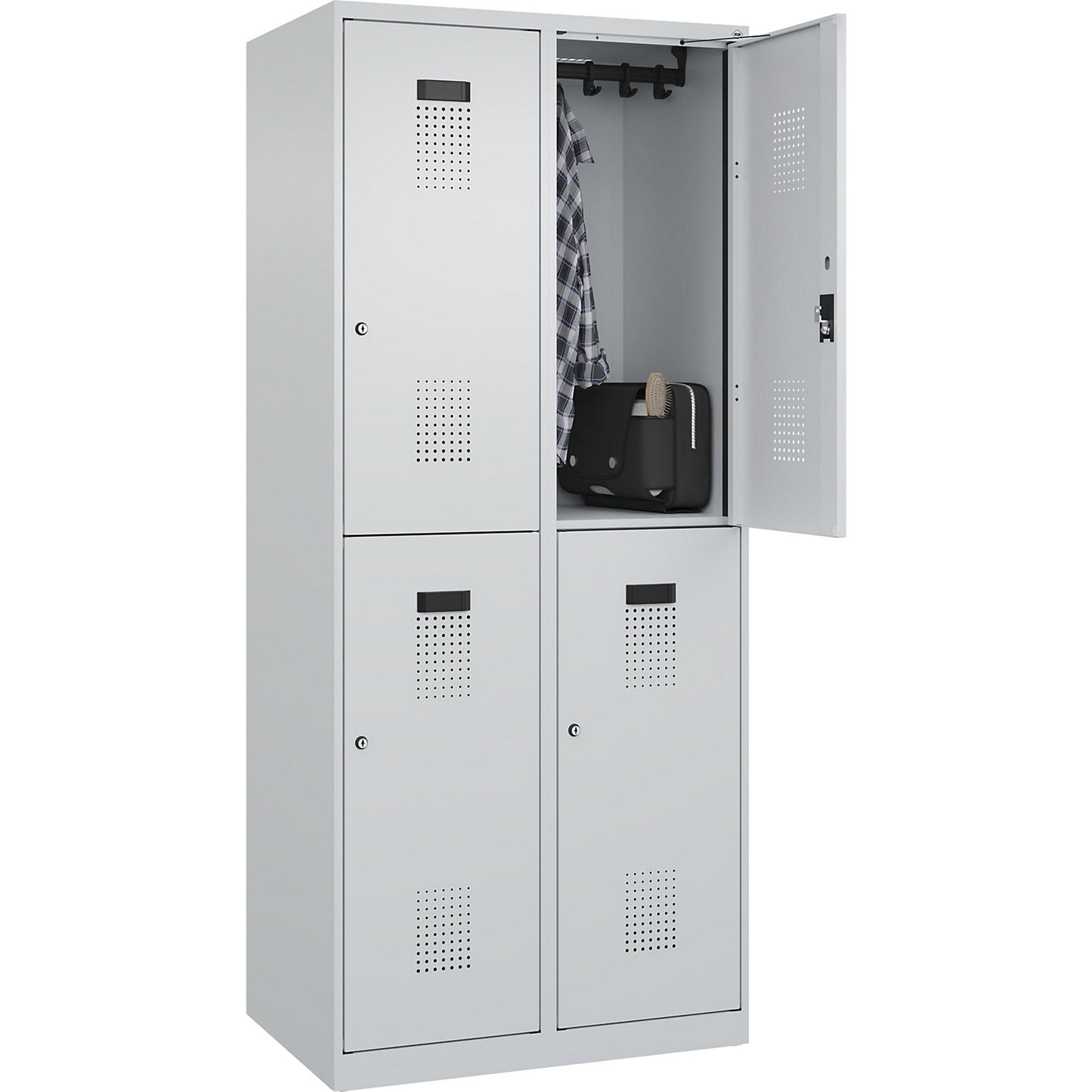 Evolo PLUS double deck clothes locker, 2 compartments, light grey, W 800 mm, with floor glides, cylinder lock.