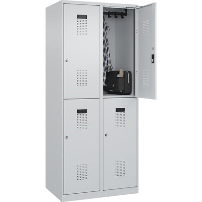 Evolo PLUS double deck clothes locker, 2 compartments, light grey, W 800 mm, with floor glides, cylinder lock.