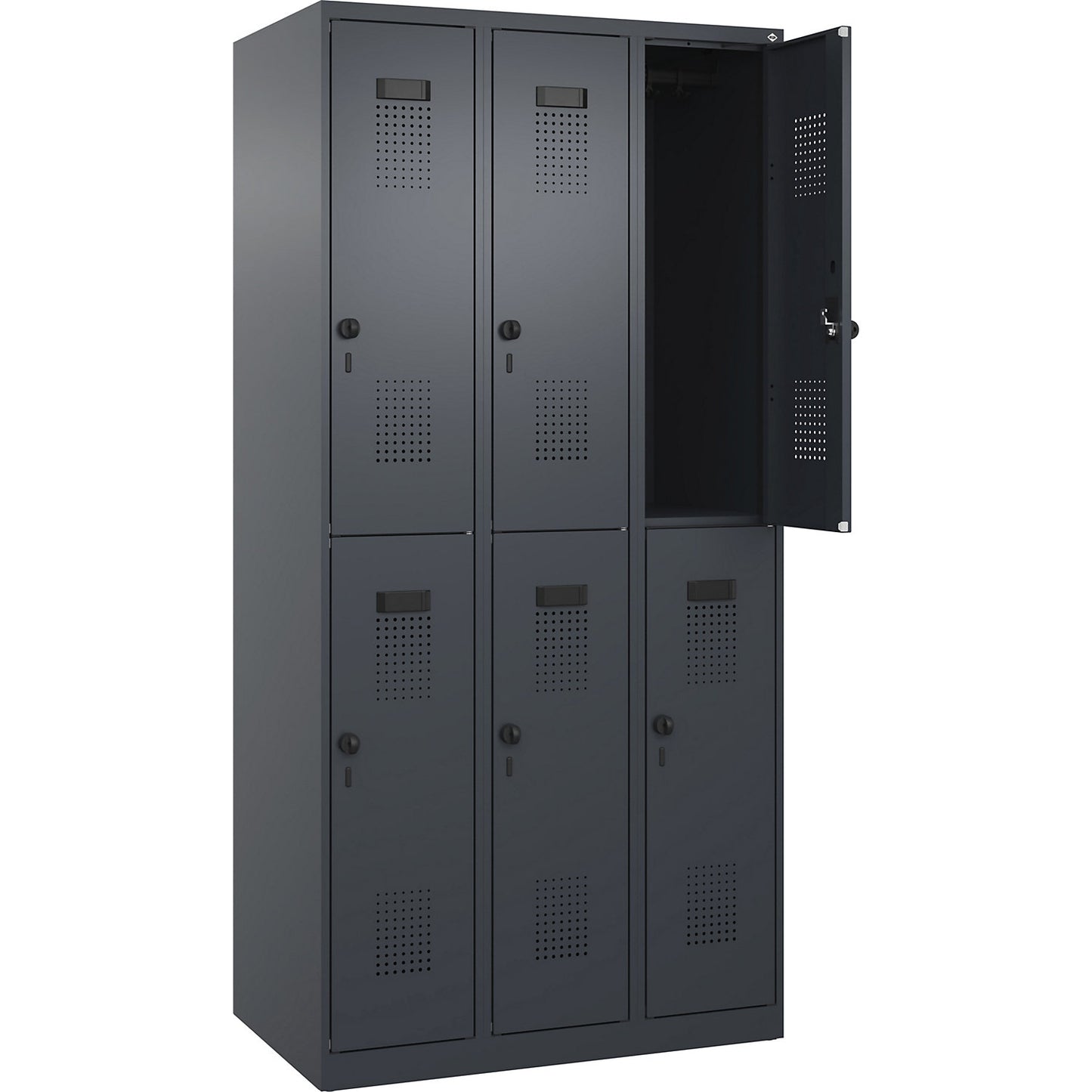 Evolo PLUS double deck clothes locker, 3 compartments, grey, W 900 mm, with floor glides, rotary bolt.