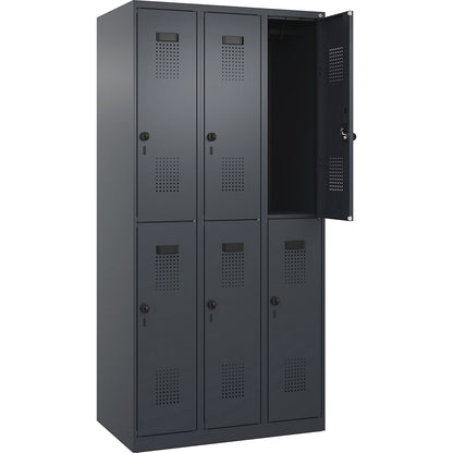 Evolo PLUS double deck clothes locker, 3 compartments, grey, W 900 mm, with floor glides, rotary bolt.