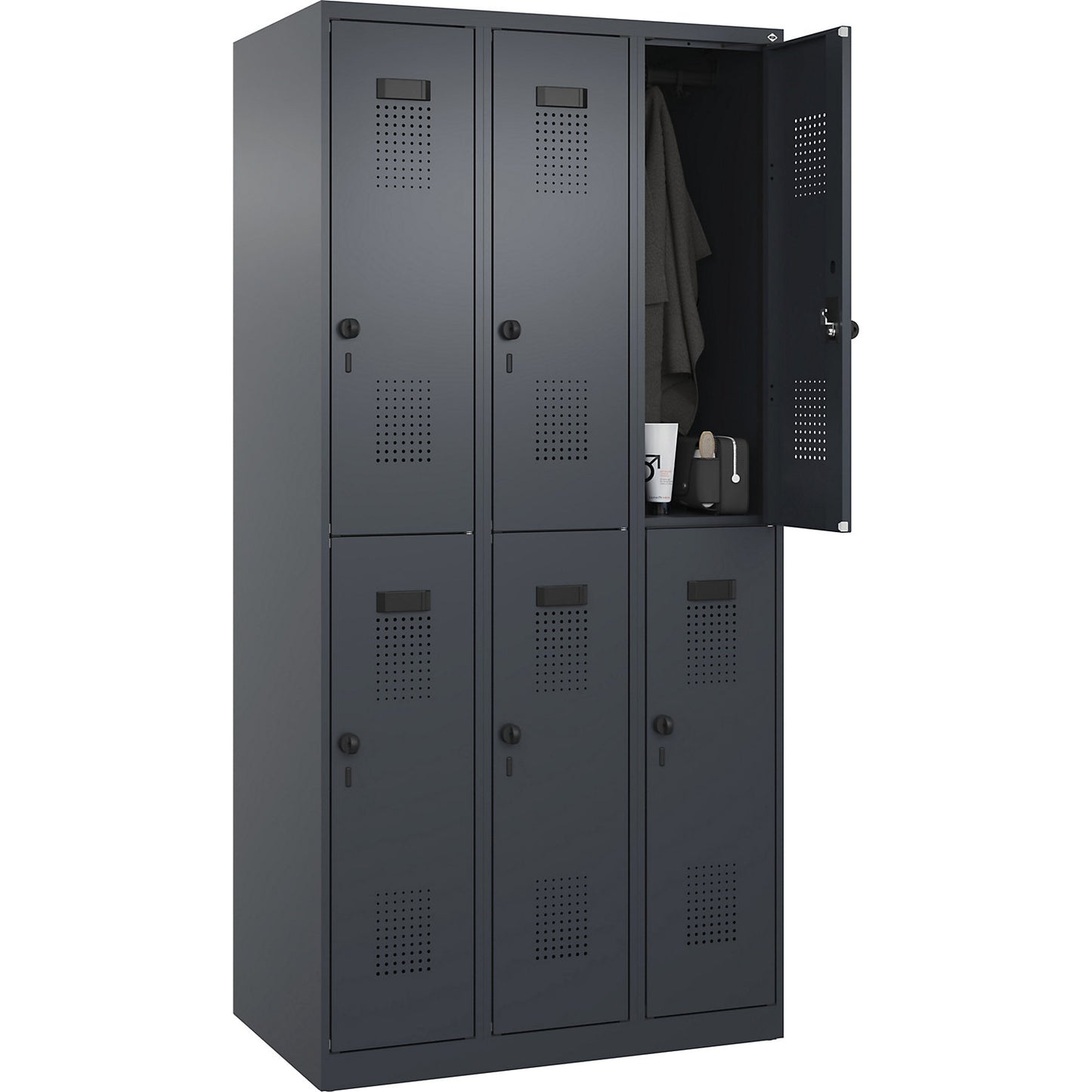 Evolo PLUS double deck clothes locker, 3 compartments, grey, W 900 mm, with floor glides, rotary bolt.