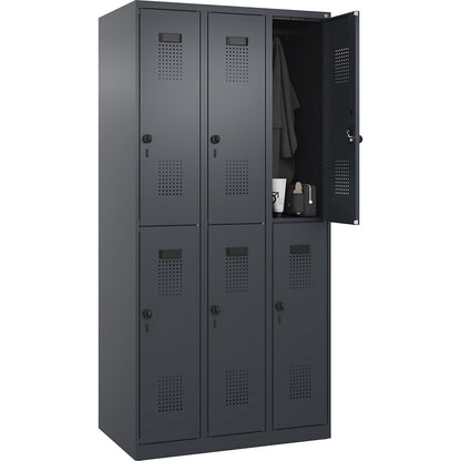 Evolo PLUS double deck clothes locker, 3 compartments, grey, W 900 mm, with floor glides, rotary bolt.