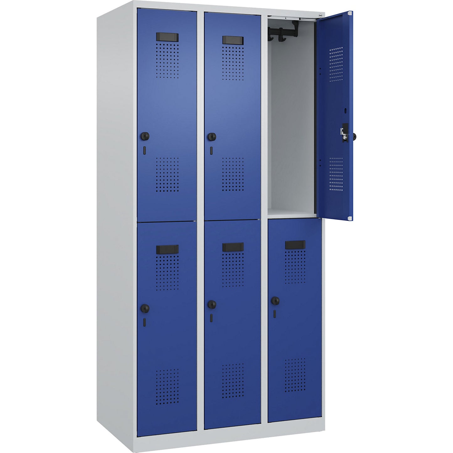 Evolo PLUS double deck clothes locker, 3 compartments, light grey / gentian blue, W 900 mm, with floor glides, rotary bolt.