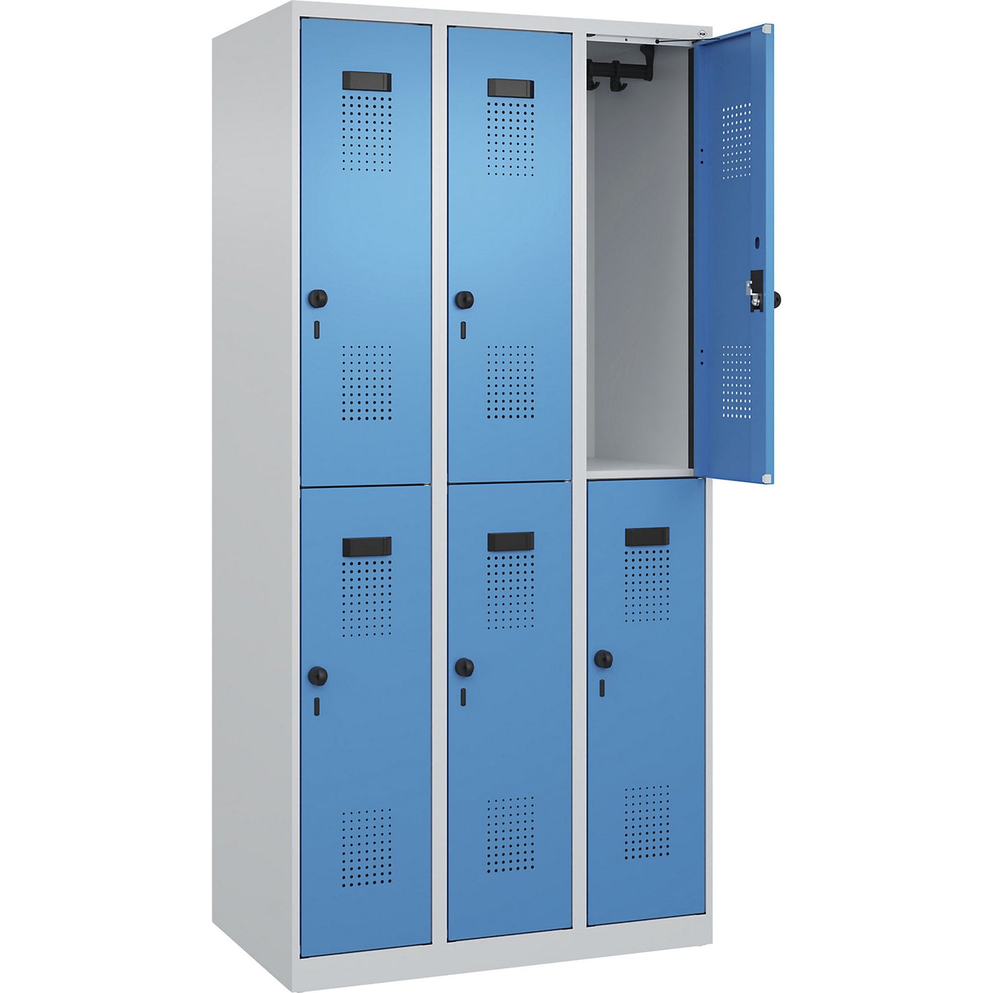 Evolo PLUS double deck clothes locker, 3 compartments, light grey / light blue, W 900 mm, with floor glides, rotary bolt.