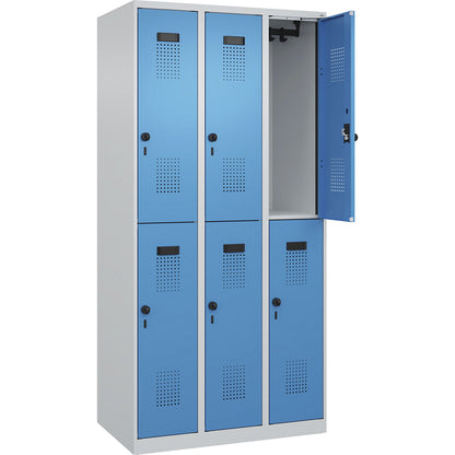 Evolo PLUS double deck clothes locker, 3 compartments, light grey / light blue, W 900 mm, with floor glides, rotary bolt.