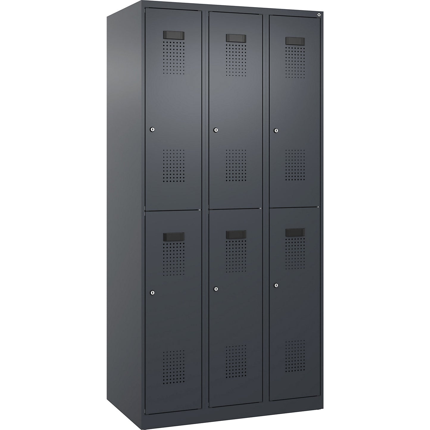 Evolo PLUS double deck clothes locker, 3 compartments, grey, W 900 mm, with floor glides, cylinder lock.