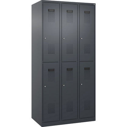 Evolo PLUS double deck clothes locker, 3 compartments, grey, W 900 mm, with floor glides, cylinder lock.