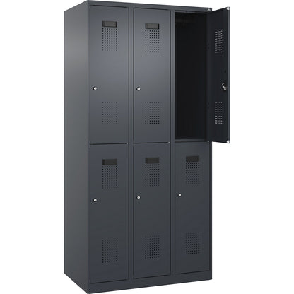 Evolo PLUS double deck clothes locker, 3 compartments, grey, W 900 mm, with floor glides, cylinder lock.