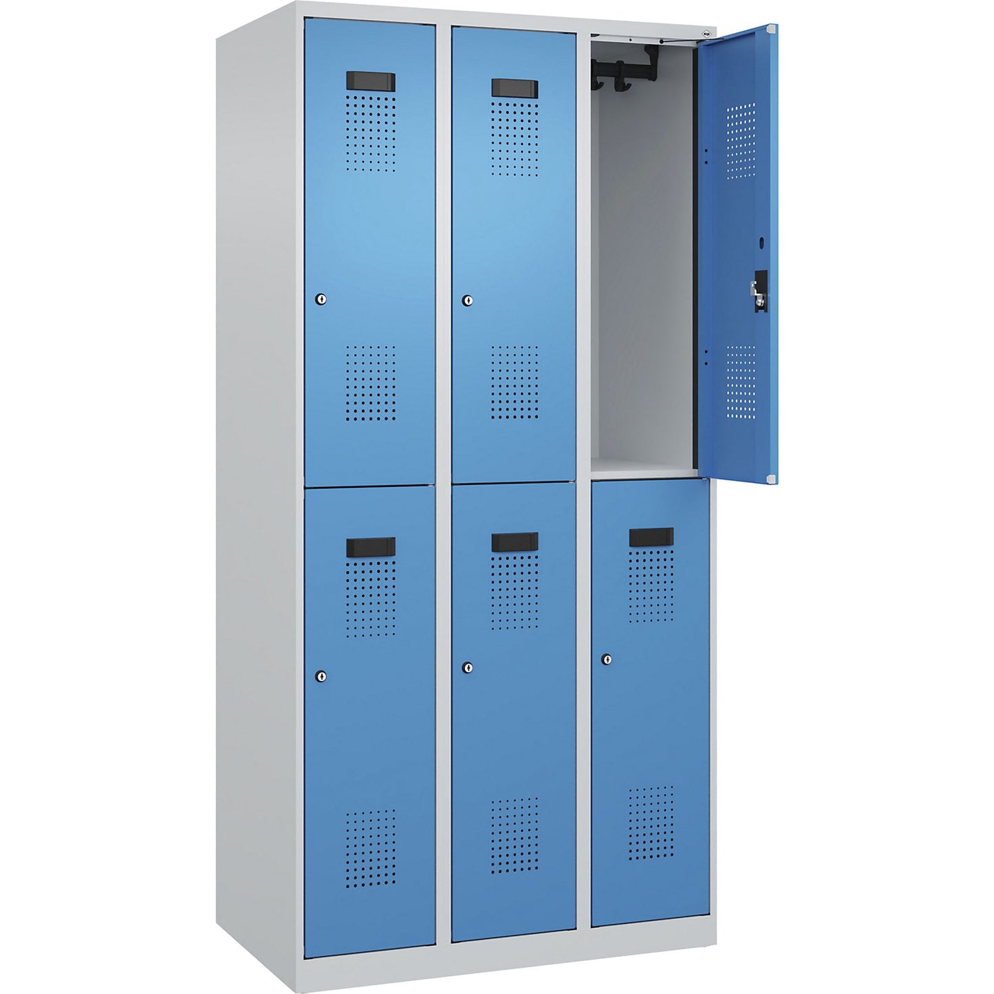 Evolo PLUS double deck clothes locker, 3 compartments, light grey / light blue, W 900 mm, with floor glides, cylinder lock.