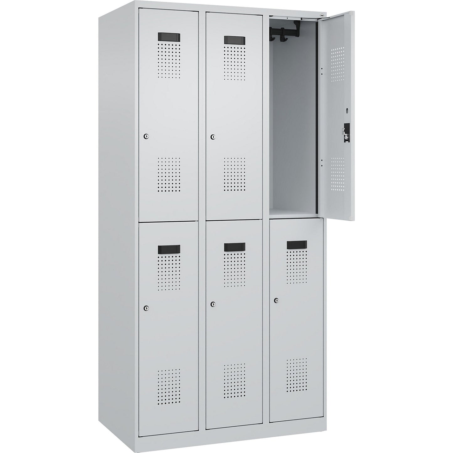Evolo PLUS double deck clothes locker, 3 compartments, light grey, W 900 mm, with floor glides, cylinder lock.