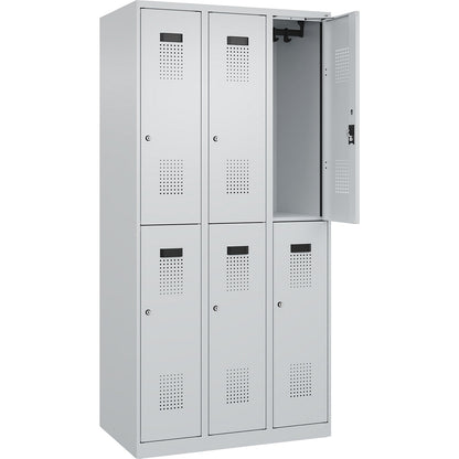 Evolo PLUS double deck clothes locker, 3 compartments, light grey, W 900 mm, with floor glides, cylinder lock.