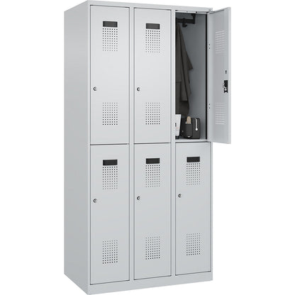 Evolo PLUS double deck clothes locker, 3 compartments, light grey, W 900 mm, with floor glides, cylinder lock.